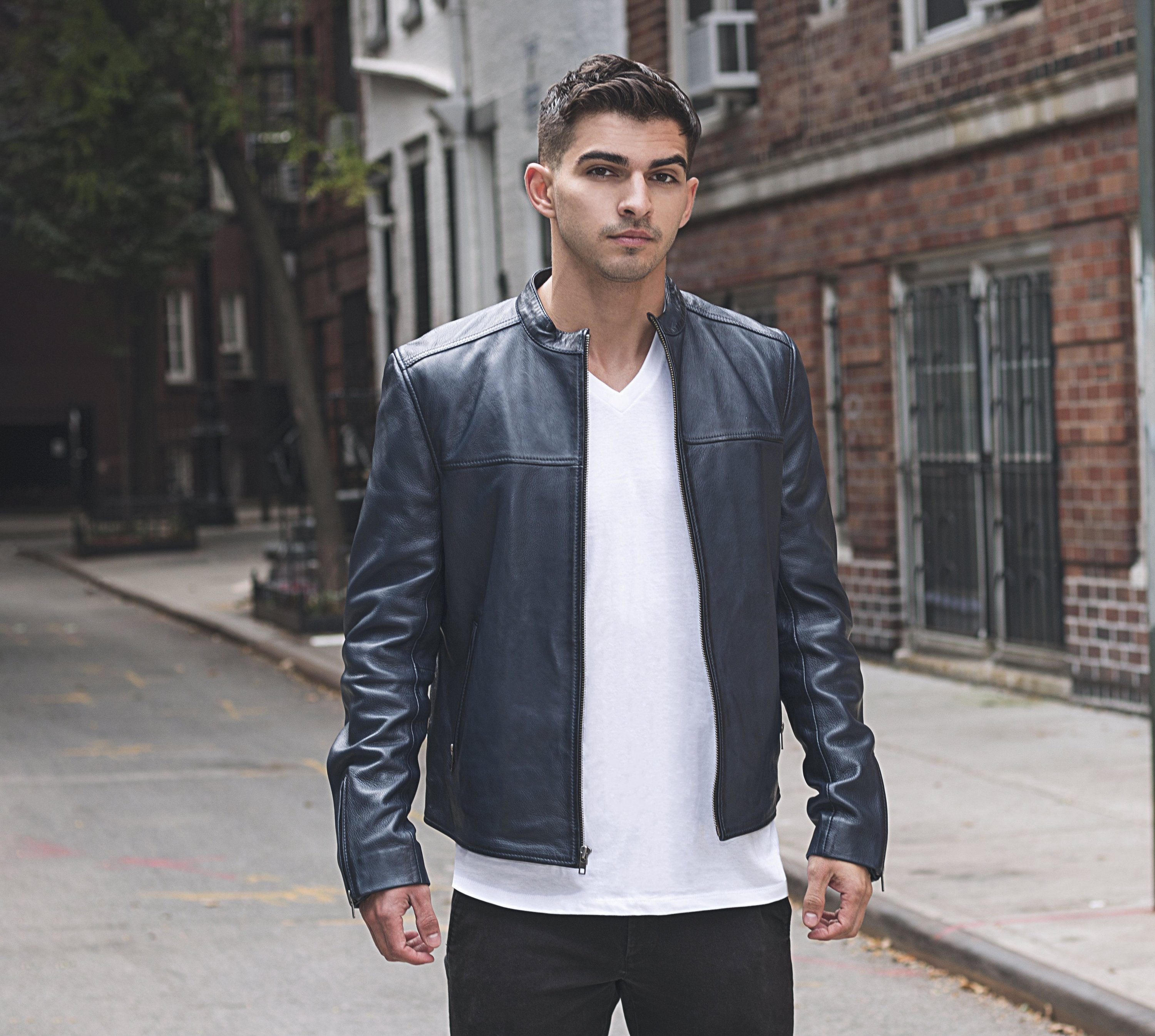 A model wearing the Balor Leather Jacket from Jacket Riot, demonstrating its tailored fit and modern elegance