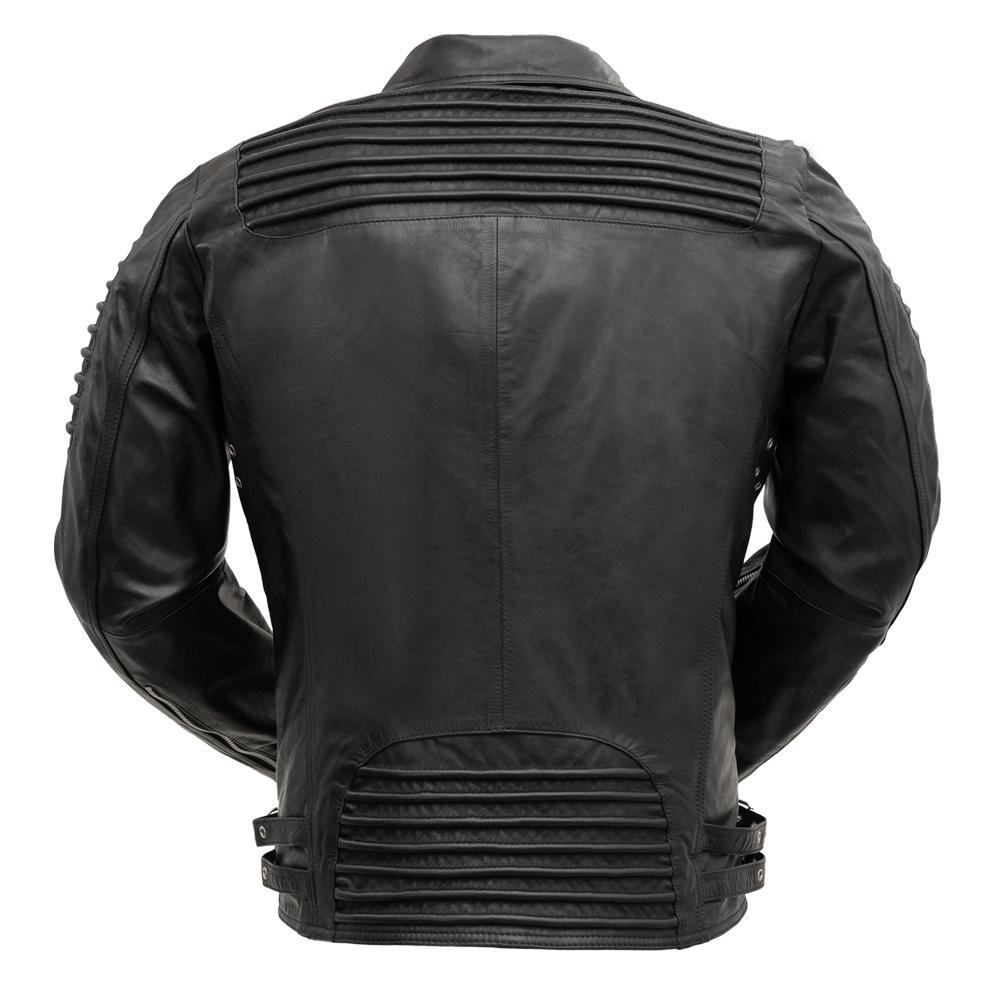 Angled view of the Brooklyn Leather Jacket in black, showcasing decorative snaps and contoured shoulders