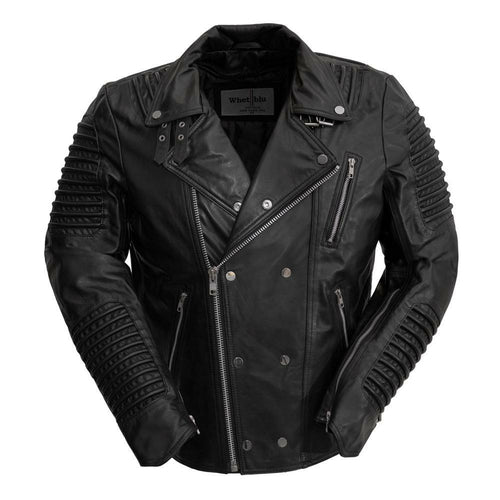 Front view of the Brooklyn Leather Jacket in black, featuring asymmetrical zippers and ribbed accents