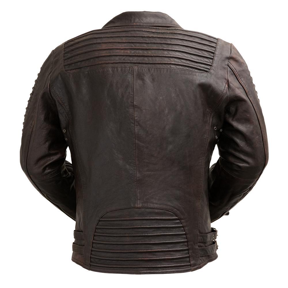 Back view of the Brooklyn Leather Jacket in cognac, highlighting its tapered fit and subtle stitch detailing