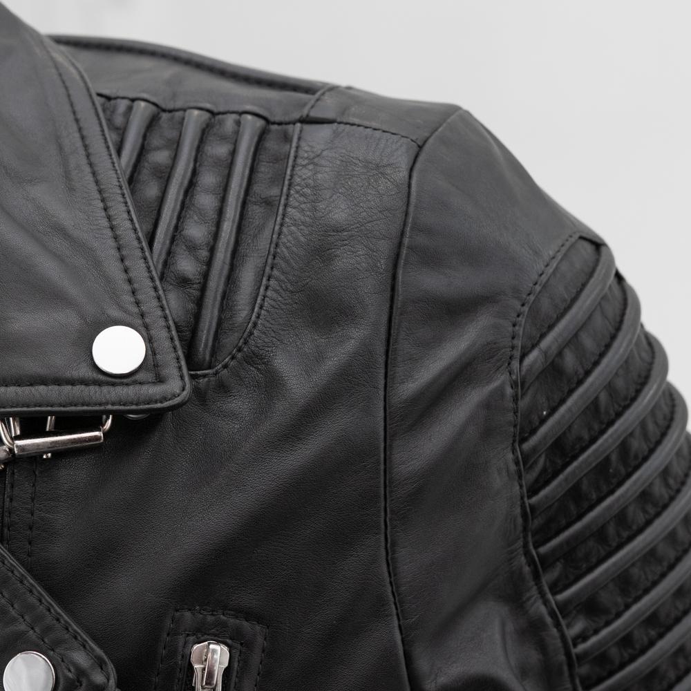 Close-up of the Brooklyn Leather Jacket’s collar and asymmetrical zipper, showing refined hardware and precise stitching