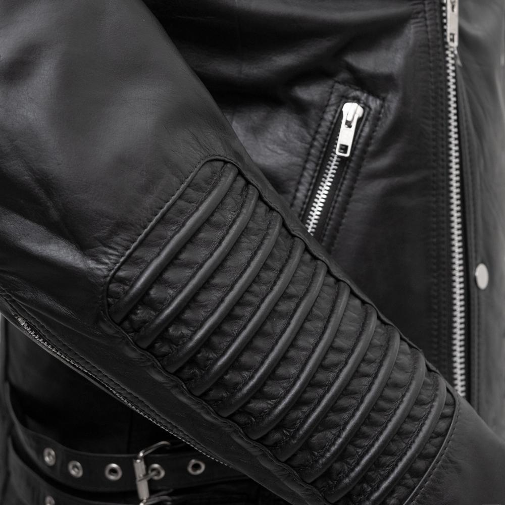 Close-up of the Brooklyn Leather Jacket’s ribbed sleeve accent, illustrating intricate texture and premium leather quality