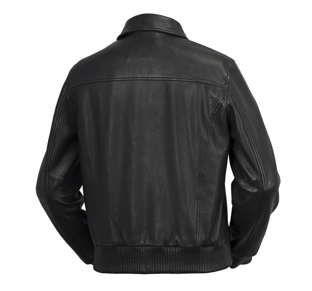 Back view of the Castor Leather Bomber Jacket in black, showing the leather-ribbed waistband and refined craftsmanship