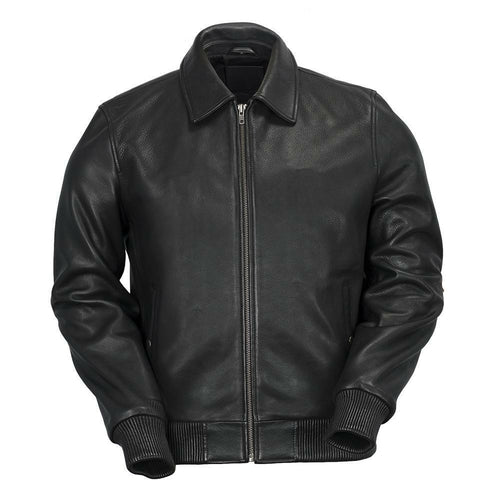 Front view of the Castor Leather Bomber Jacket in black, highlighting its tailored fit and genuine cowhide construction