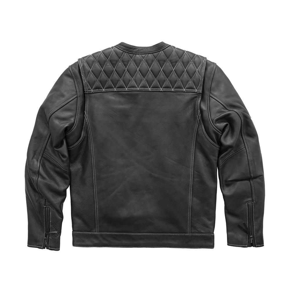 Full back view of the Cinder Leather Jacket in black leather, showing modern lines and versatile functionality