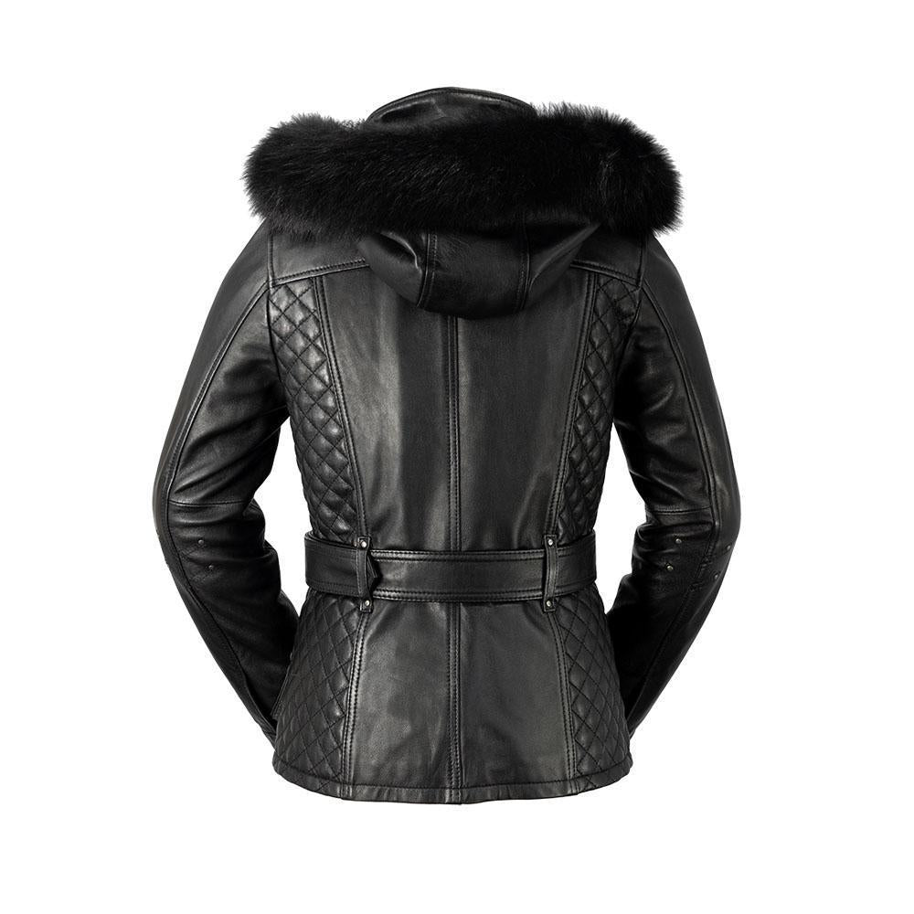 Alternate front angle of the Elle Leather Jacket in black, emphasizing sleek lines, discreet zippered pockets, and modern versatility