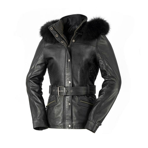 Front view of the Elle Leather Jacket in black sheepskin with a removable fox fur collar, highlighting its diamond-quilted design and mid-length silhouette