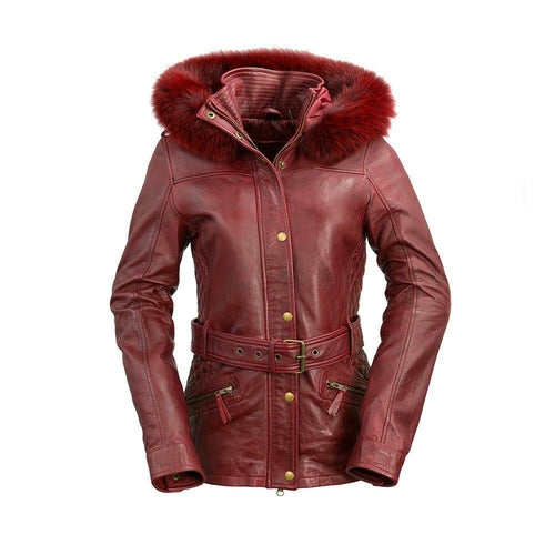 Front view of the Elle Leather Jacket in oxblood, featuring a removable fox fur collar, diamond quilting, and refined trench styling