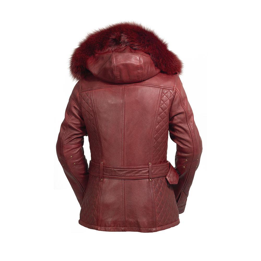 Another front view of the Elle Leather Jacket in oxblood, showcasing its classic sophistication, luxury materials, and timeless warmth