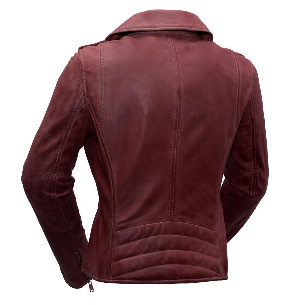 Back view of the Harper Leather Jacket in oxblood lambskin, showing its flattering waist-length cut and timeless detailing