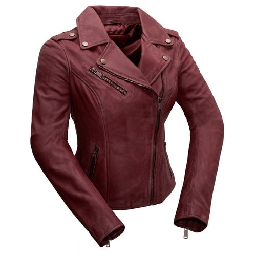 Front view of the Harper Leather Jacket in rich oxblood lambskin, featuring an asymmetrical biker design and sleek zippers