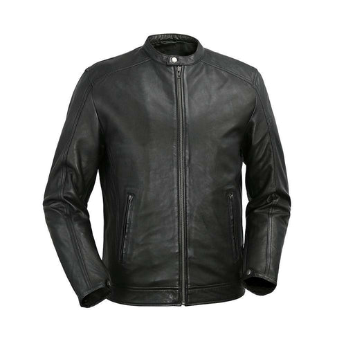 Front view of the Iconoclast Leather Jacket in black, featuring a sleek snap collar and timeless, understated moto style