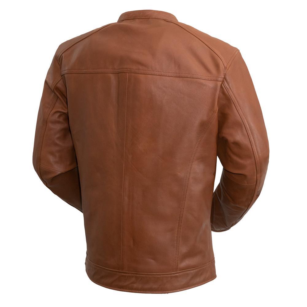 Back view of the Iconoclast Leather Jacket in whiskey, highlighting subtle detailing and comfortable, durable construction