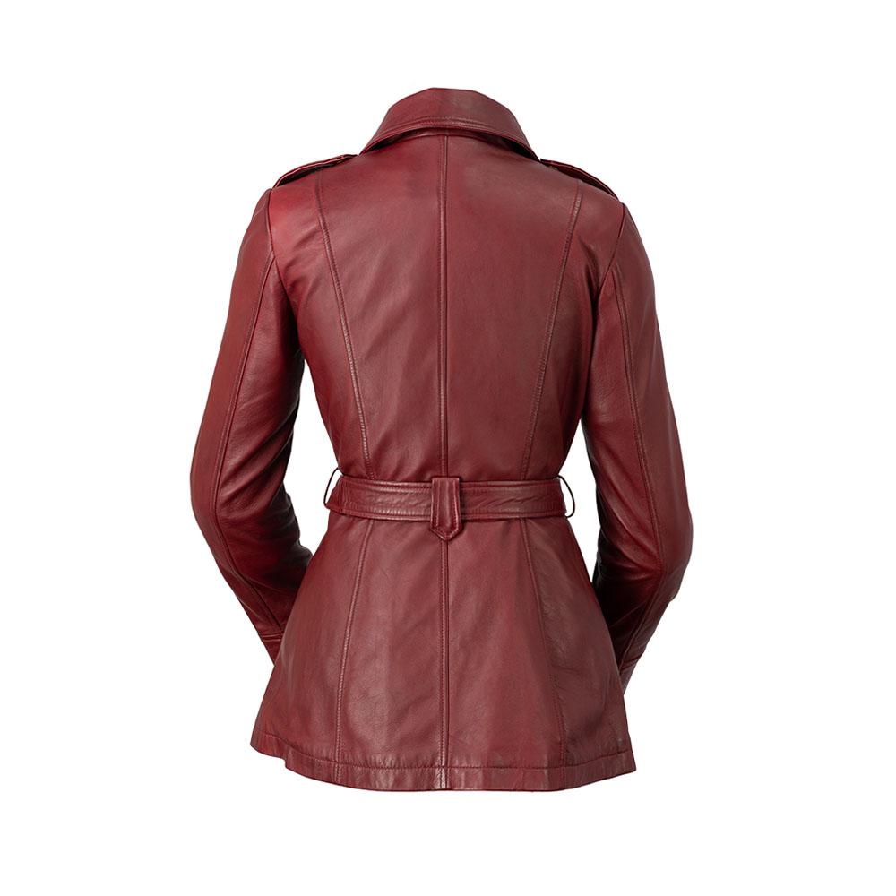 Back view of the Traci Leather Jacket in oxblood, highlighting its clean lines, coordinating tie sash, and premium leather finish