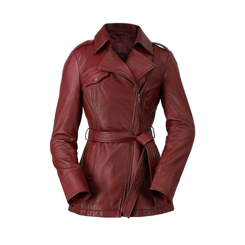 Front view of the Traci Leather Jacket in rich oxblood, showcasing its mid-thigh trench silhouette and asymmetrical front zip