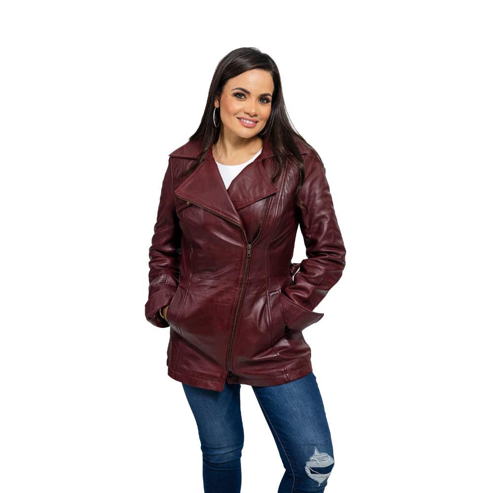 A model wearing the Traci Leather Jacket in oxblood, illustrating its mid-thigh length, wind-resistant design, and effortless sophistication