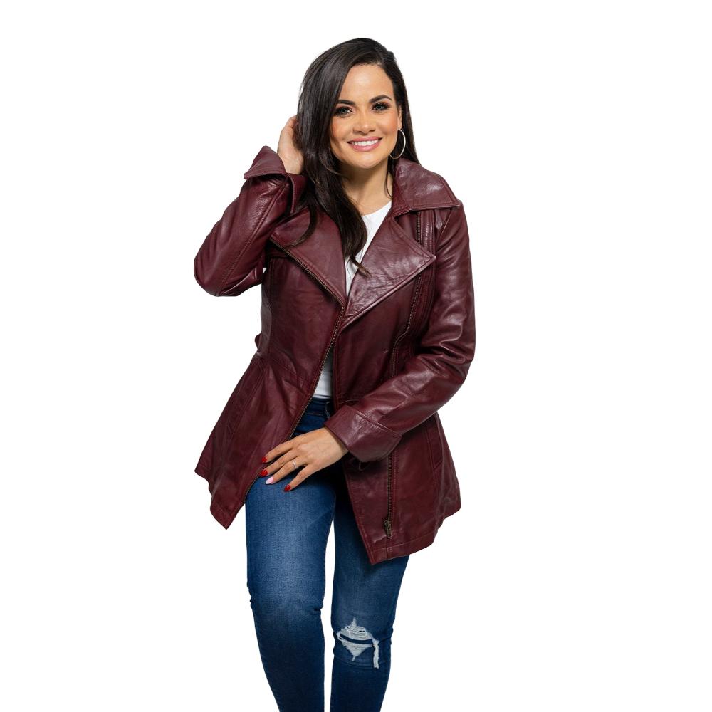 A model wearing the Traci Leather Jacket in oxblood, showing off its refined details, multiple pockets, and modern versatility